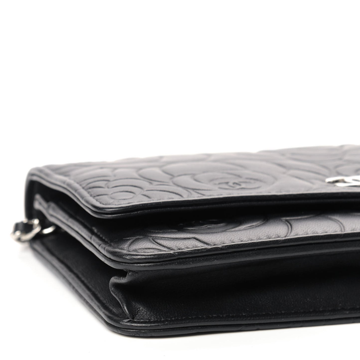 Lambskin Camellia Embossed Wallet on Chain WOC Black