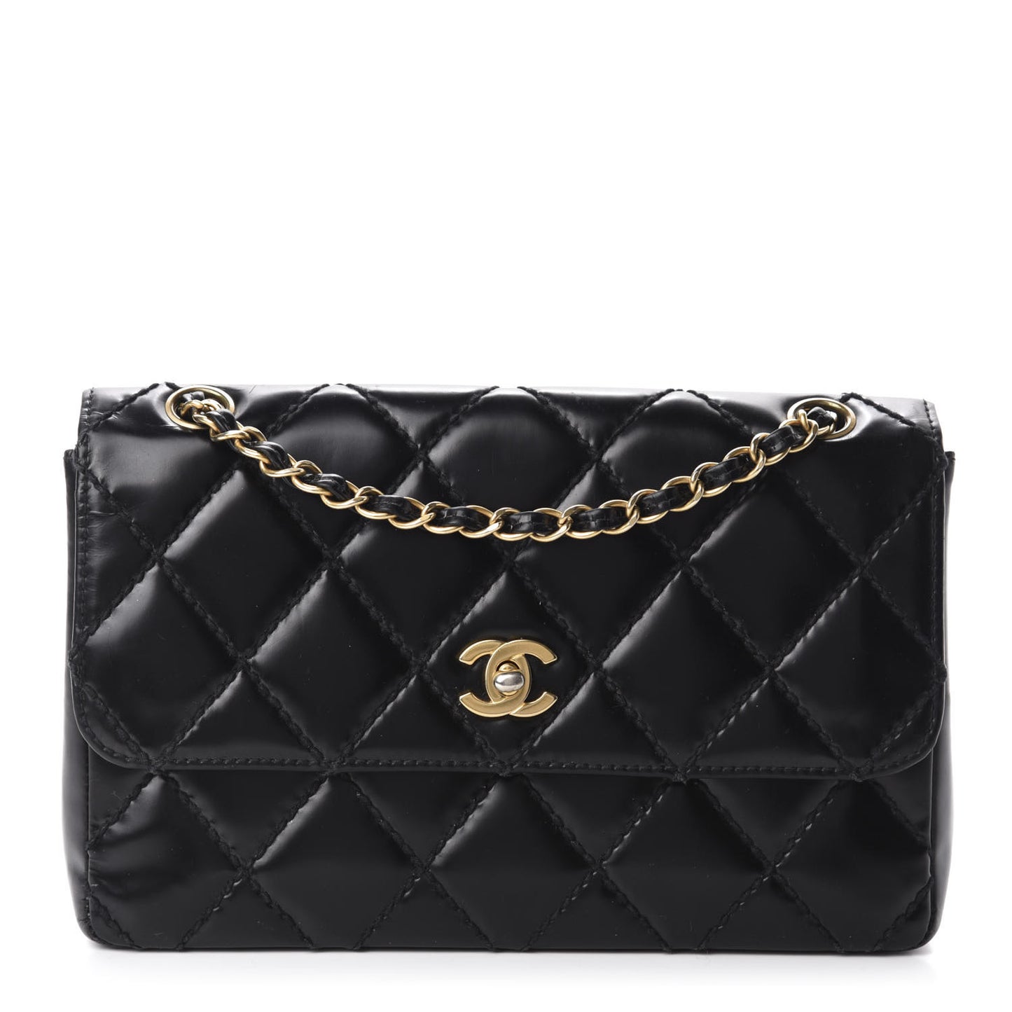 Glazed Calfskin Quilted Medium Single Flap Black