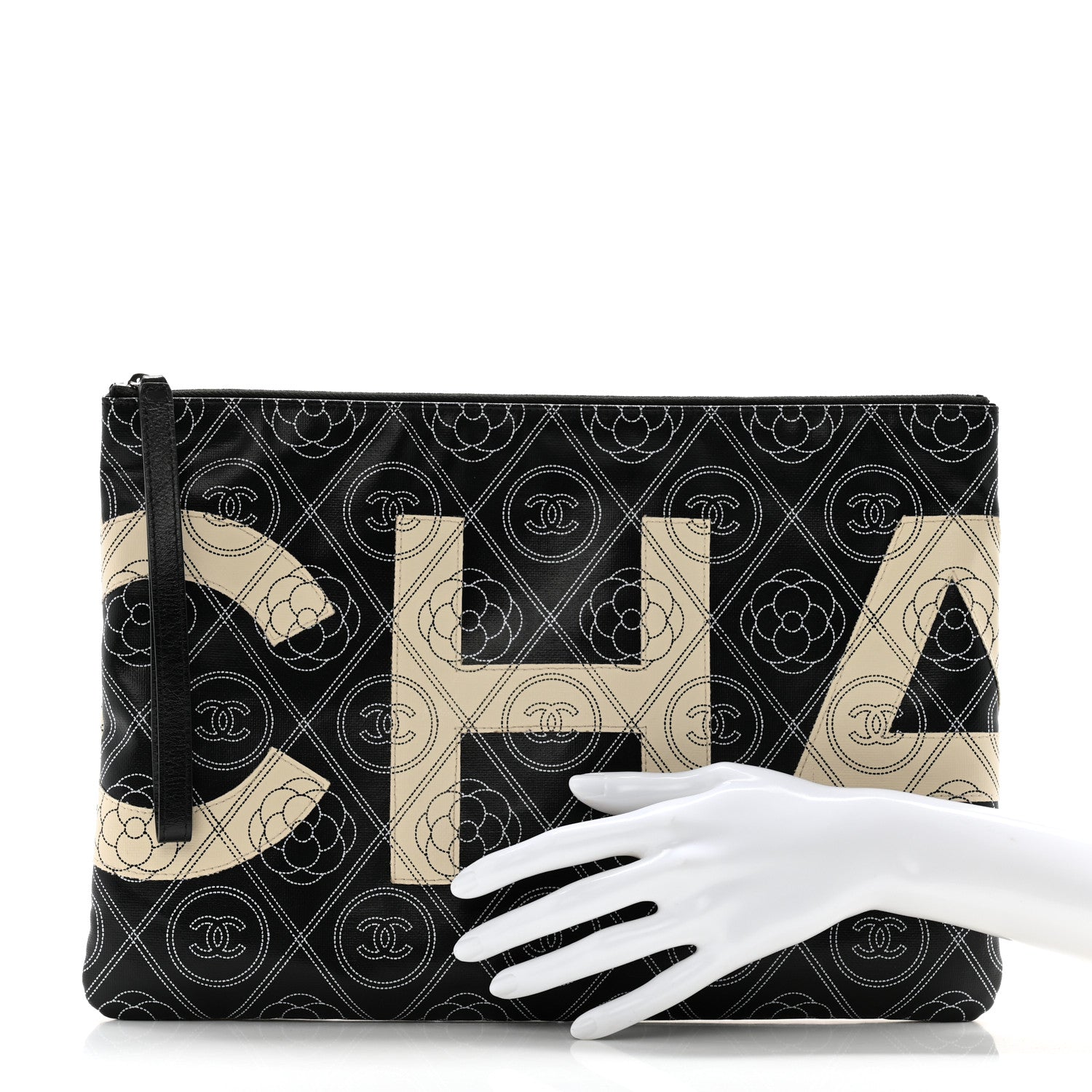 Chanel Coated Canvas Calfskin Camellia Printed Pouch Black Beige 2 of 8