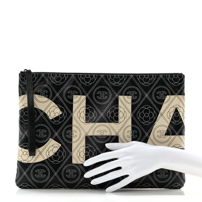 Chanel Coated Canvas Calfskin Camellia Printed Pouch Black Beige 2 of 8