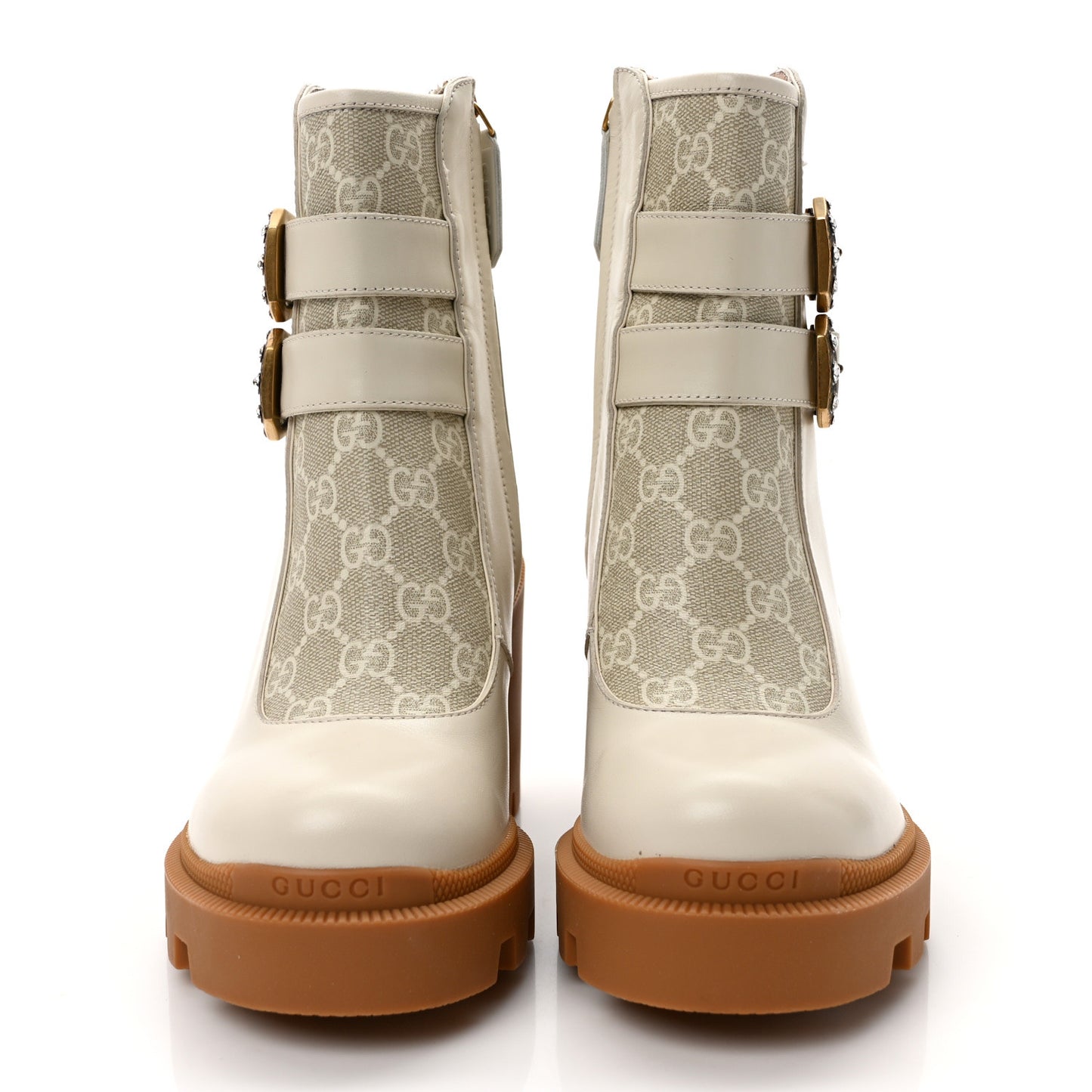 Kensington Calfskin Nappa GG Supreme Monogram Womens Double Buckle Ankle Boots 35 Mystic White Beige
