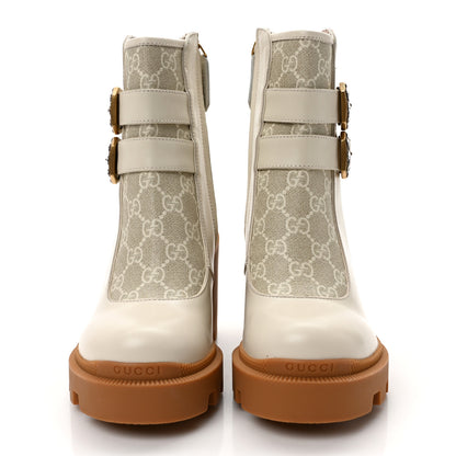 Gucci Kensington Calfskin Nappa GG Supreme Monogram Womens Double Buckle Ankle Boots 35 Mystic White Beige 2 of 8