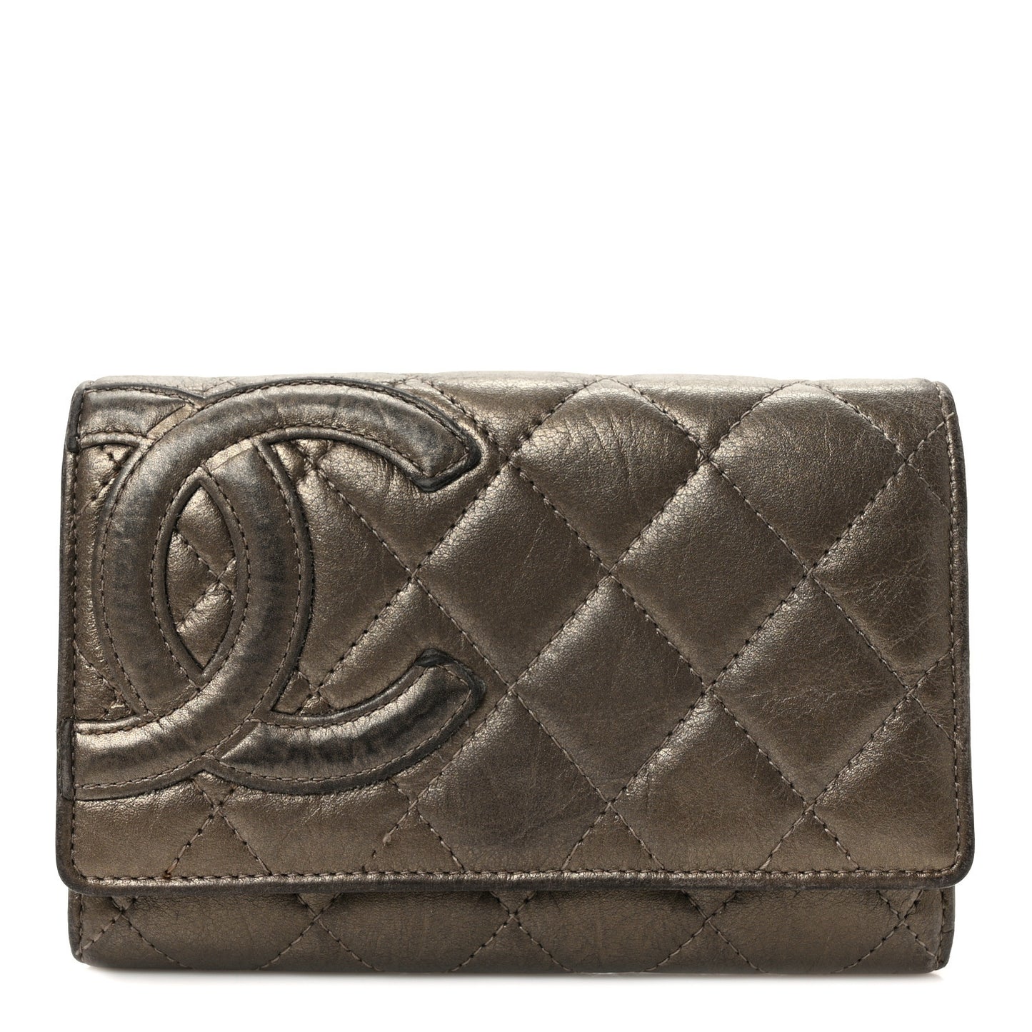 Distressed Calfskin Quilted Cambon Flap Wallet Bronze