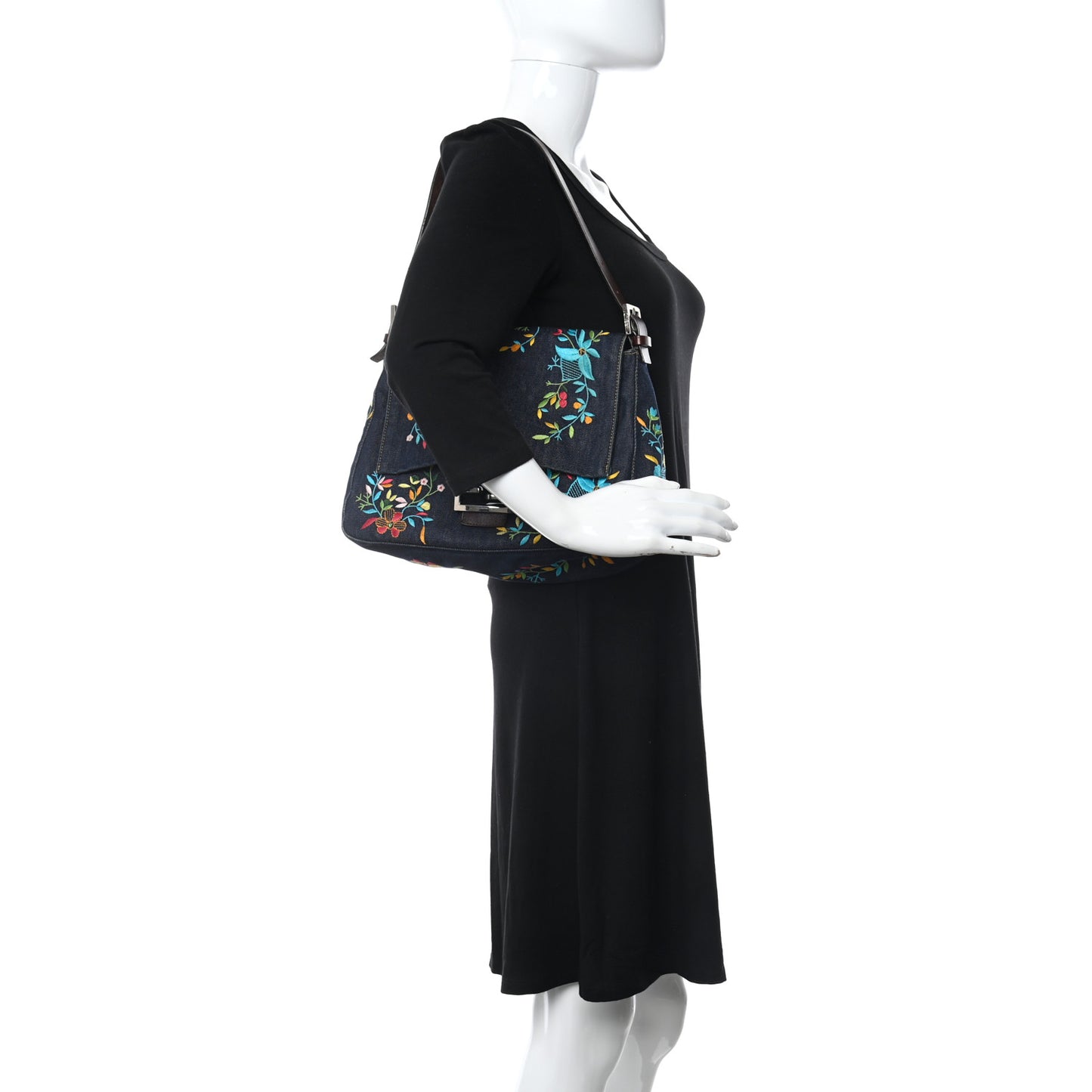 Denim Flower Embroidered Mama Baguette Blue