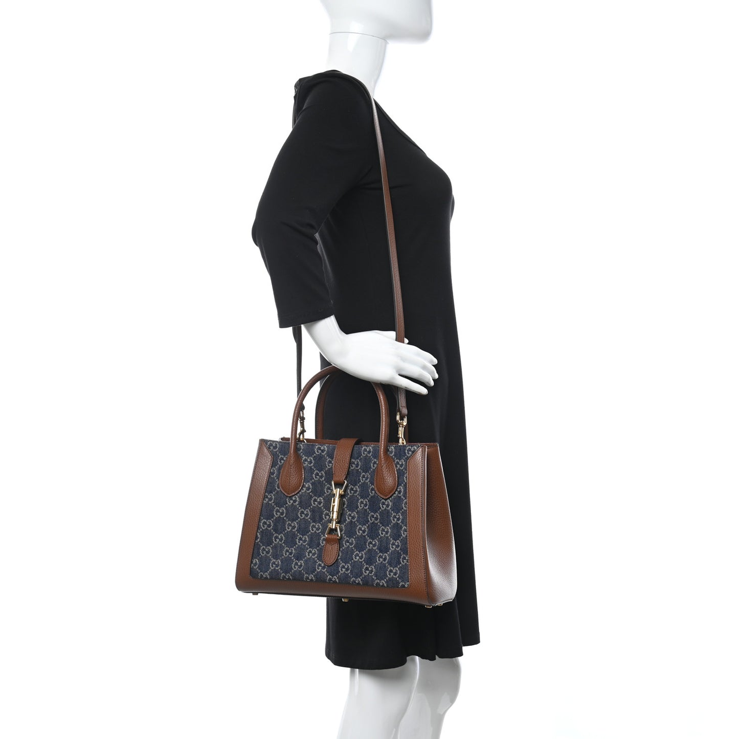 New Denim GG Monogram Dollar Calfskin Medium Jackie 1961 Tote Blue Tea Cuir Epilog