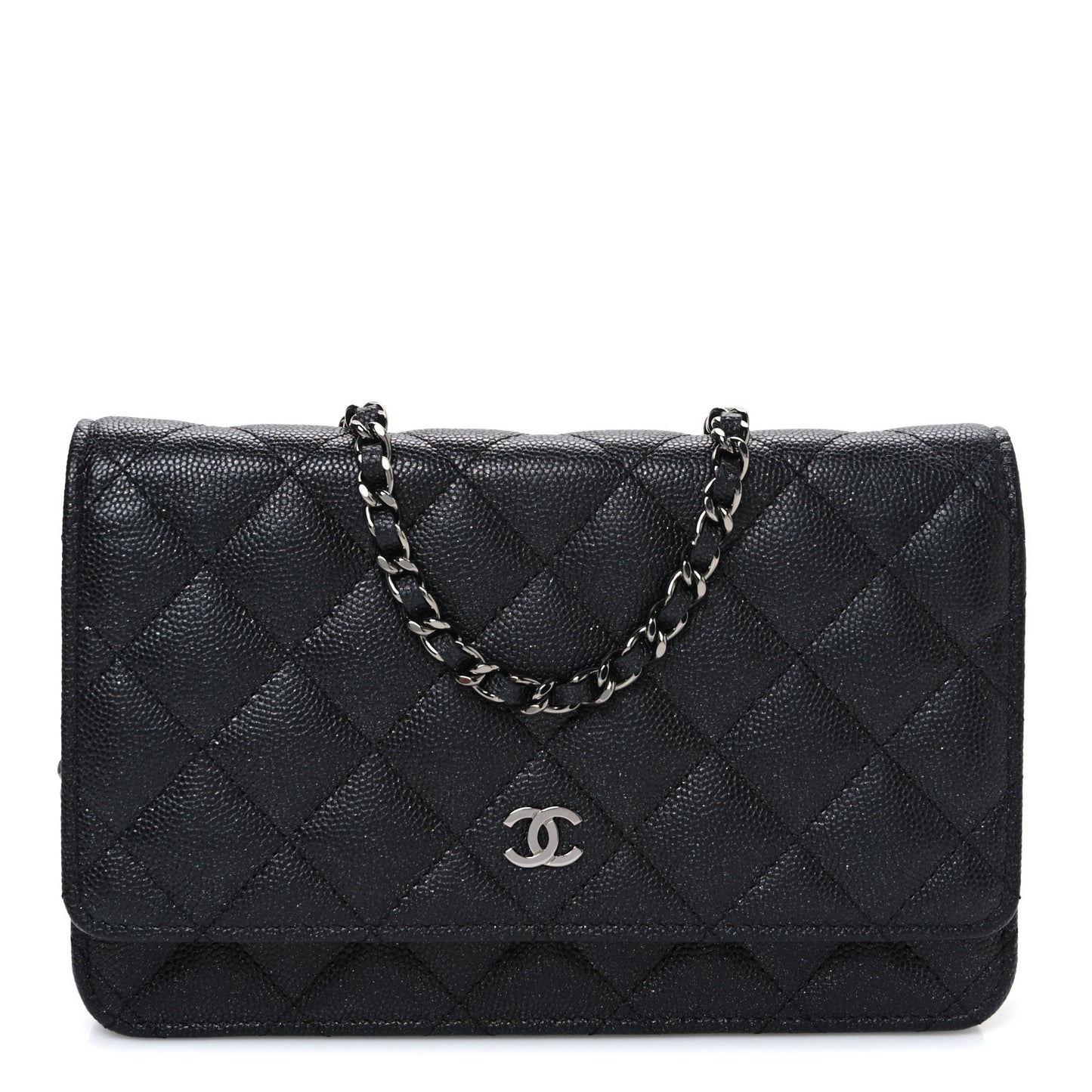 Iridescent Caviar Quilted Wallet on Chain WOC Black