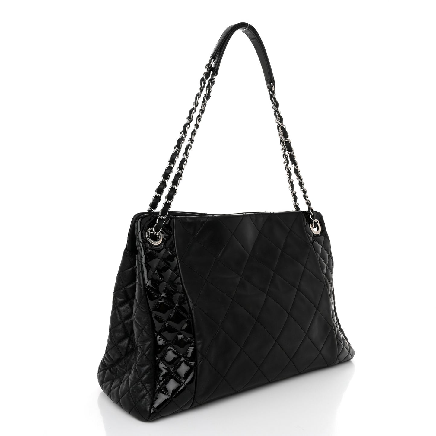 Lambskin Patent Quilted CC Shopping Tote Black