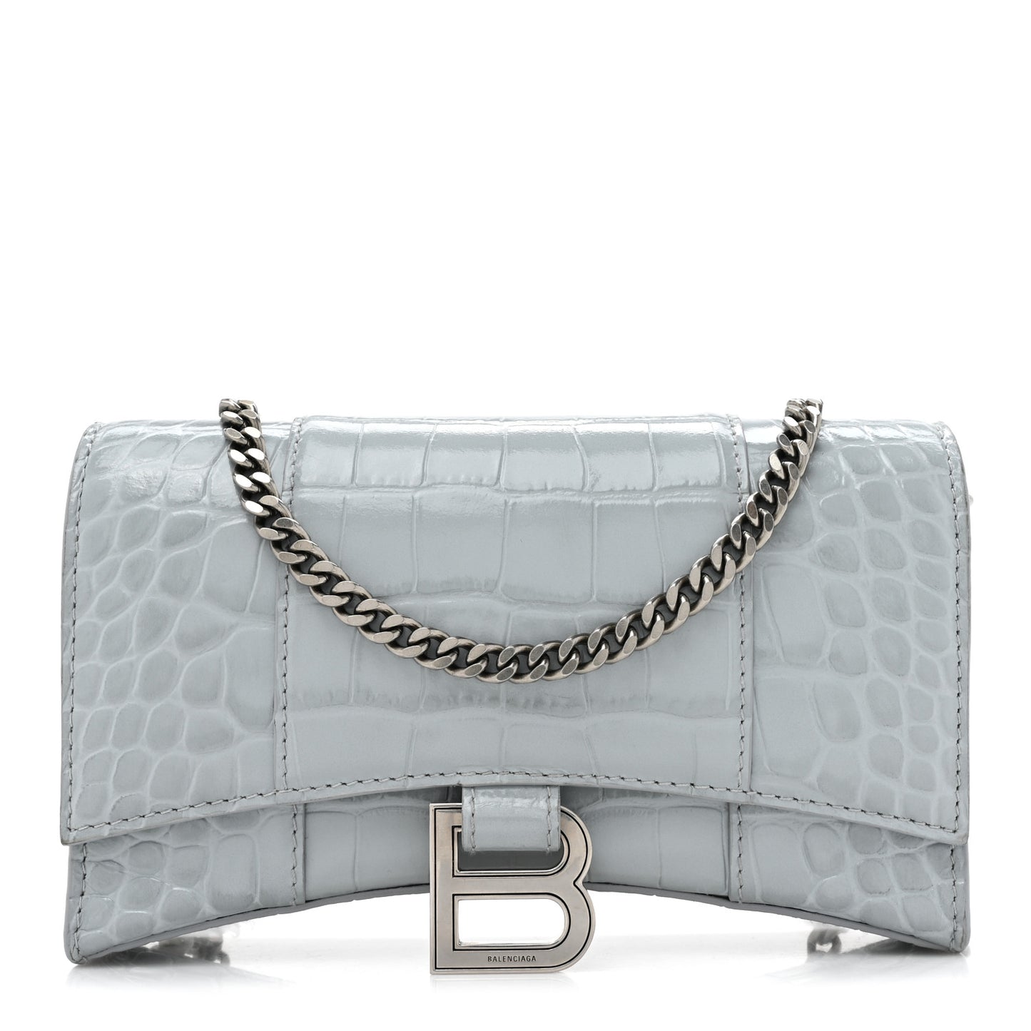 Shiny Calfskin Crocodile Embossed Hourglass Chain Bag Ash Blue