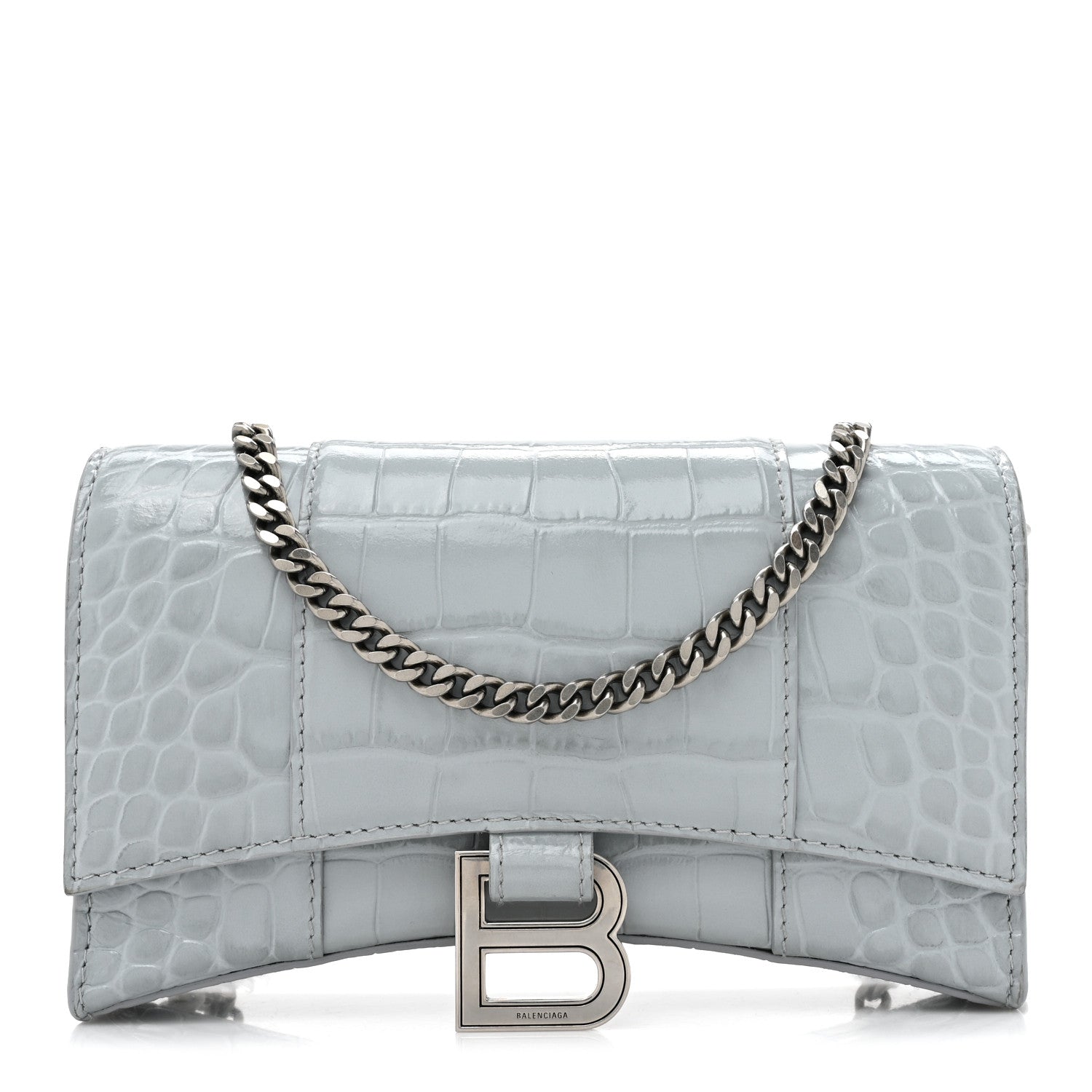 Balenciaga Shiny Calfskin Crocodile Embossed Hourglass Chain Bag Ash Blue 1 of 17
