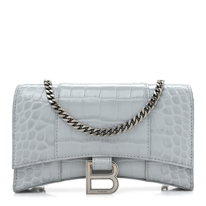 Balenciaga Shiny Calfskin Crocodile Embossed Hourglass Chain Bag Ash Blue 1 of 17