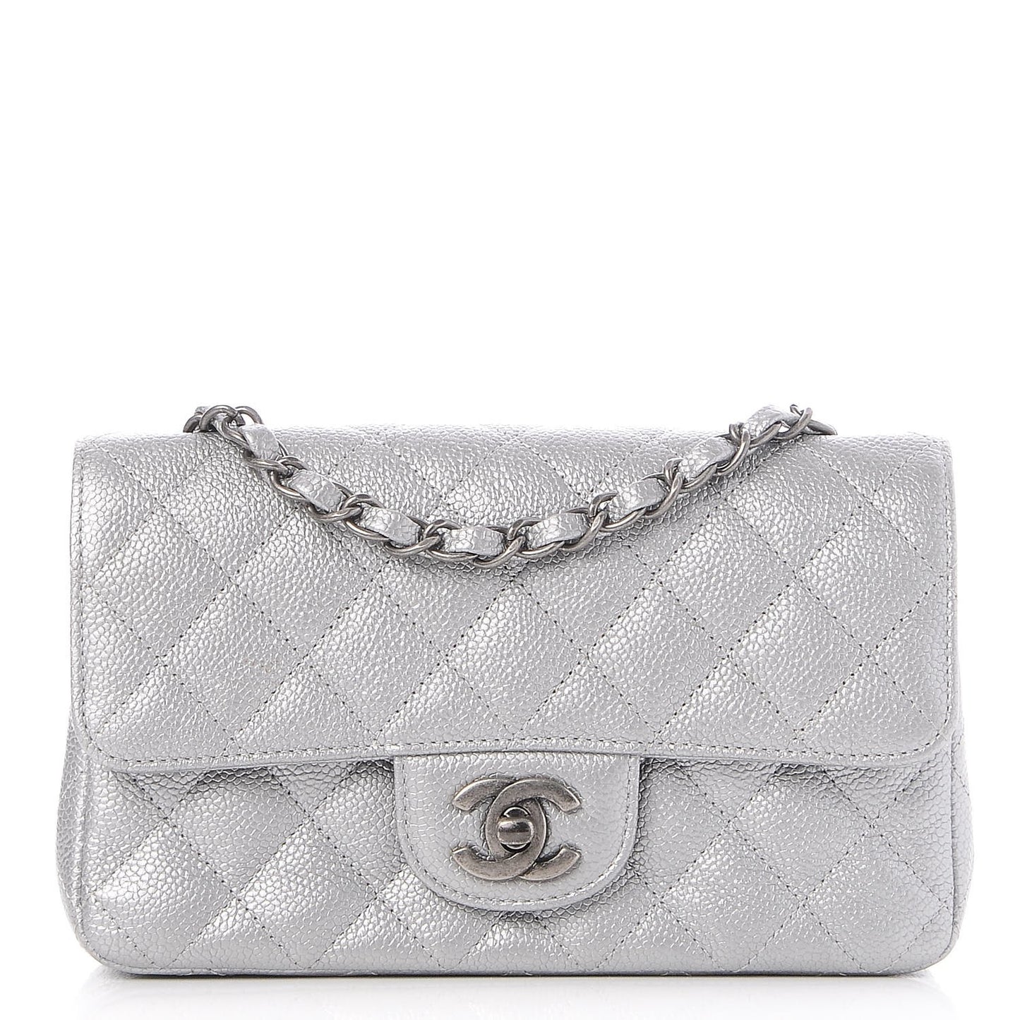 Metallic Caviar Quilted Mini Rectangular Flap Silver