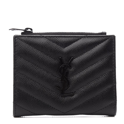 Saint Laurent Grain De Poudre Matelasse Chevron Monogram Zipped Card Case Black 1 of 6