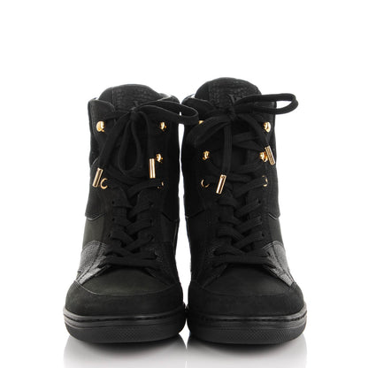 Louis Vuitton Calfskin Suede Monogram Cliff Top Wedge Sneakers 37.5 Black 2 of 8