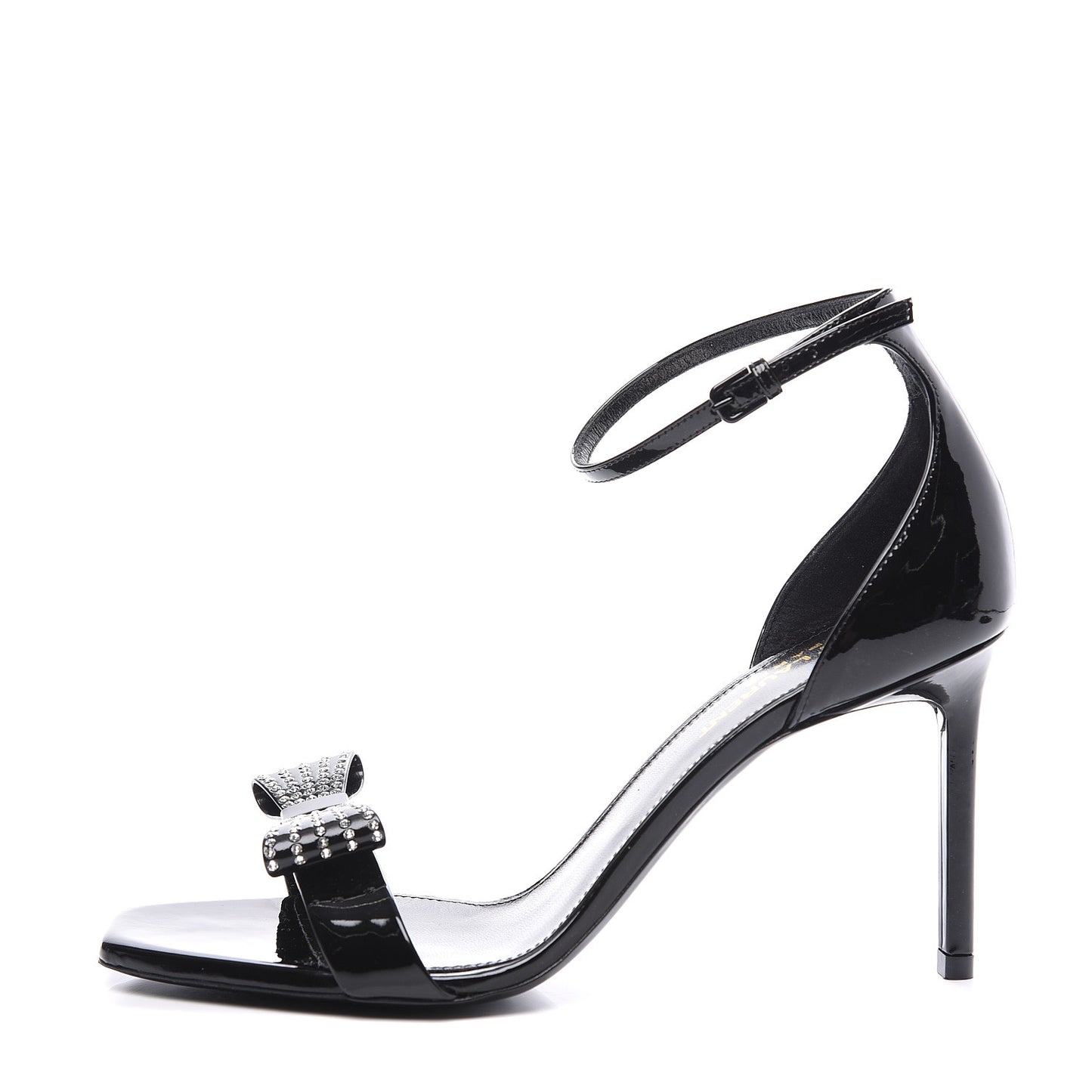 Patent Calfskin Crystal Amber Bow 85 Ankle Strap Sandals 38 Black