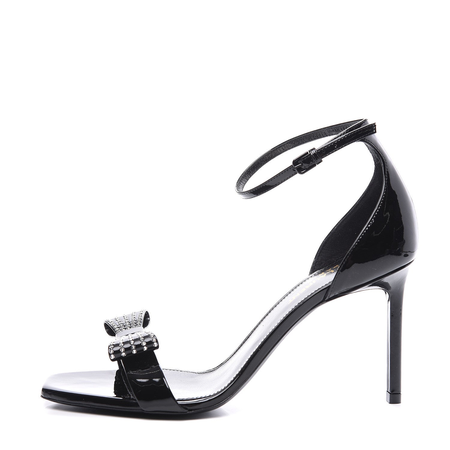 Saint Laurent Patent Calfskin Crystal Amber Bow 85 Ankle Strap Sandals 38 Black 1 of 9