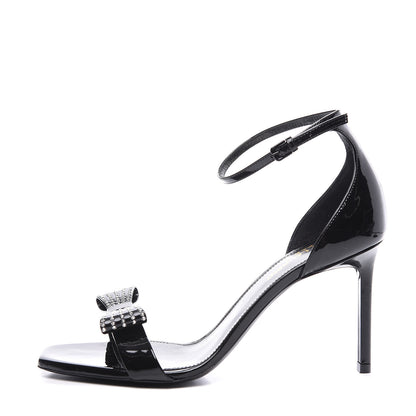 Saint Laurent Patent Calfskin Crystal Amber Bow 85 Ankle Strap Sandals 38 Black 1 of 9