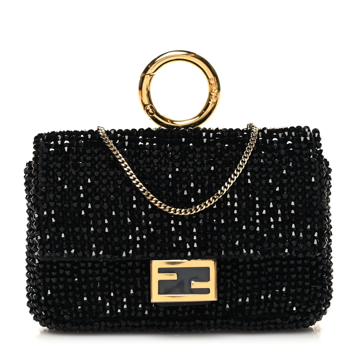 Fendi Crystal Vitello King Beaded Nano Baguette Charm Black 1 of 10