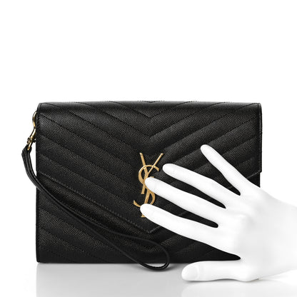 Saint Laurent Grain De Poudre Matelasse Chevron Monogram Envelope Clutch Black 3 of 11