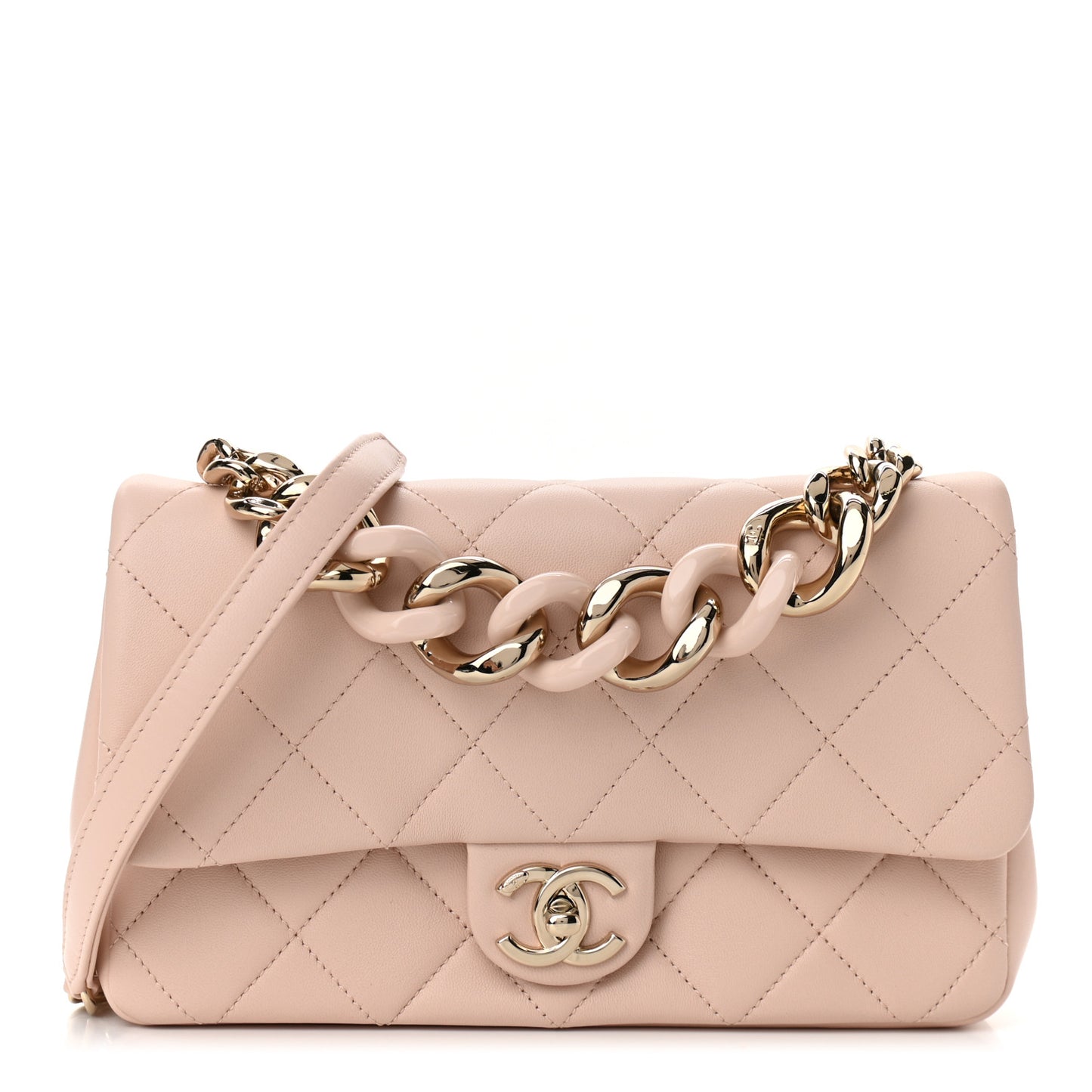 Lambskin Quilted Resin Bi-Color Chain Flap Bag Light Beige