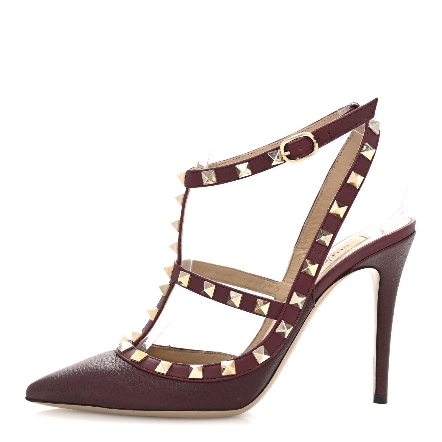 Valentino Garavani Pebbled Calfskin Rockstud Ankle Strap Pumps 38 Rubino 1 of 11