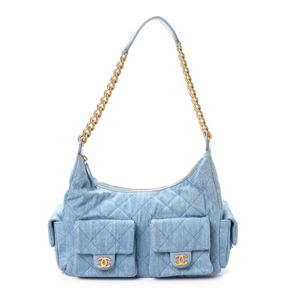 Chanel Washed Denim Quilted Large Trendy Pockets Hobo Blue 1 of 10