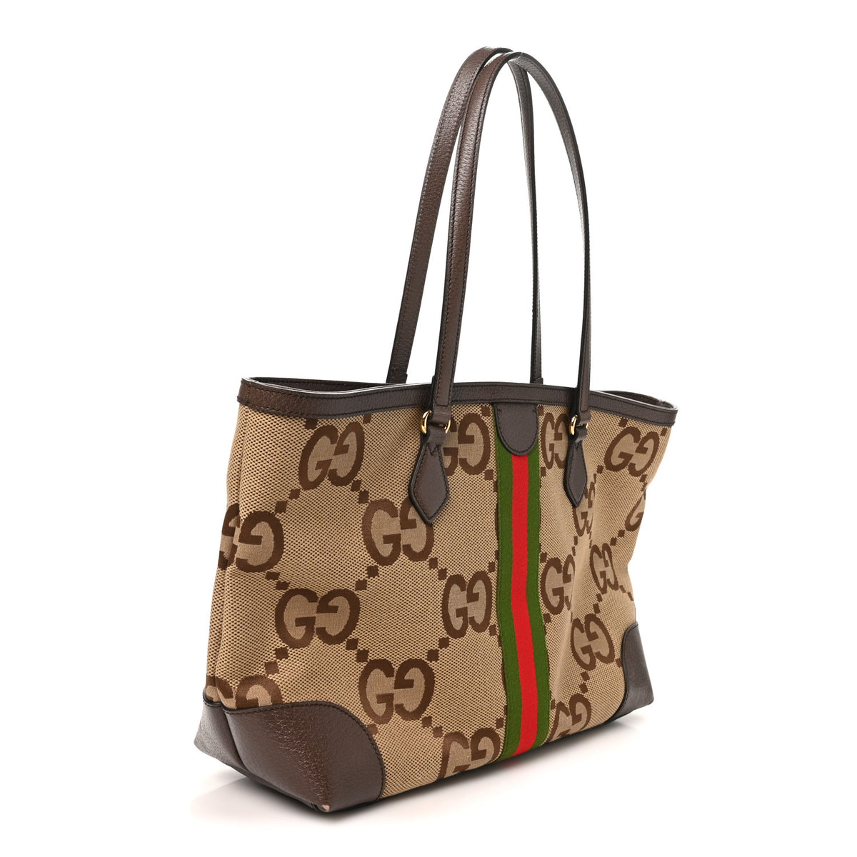Monogram Jumbo GG Textured Dollar Calfskin Web Medium Ophidia Shopping Tote Camel Ebony