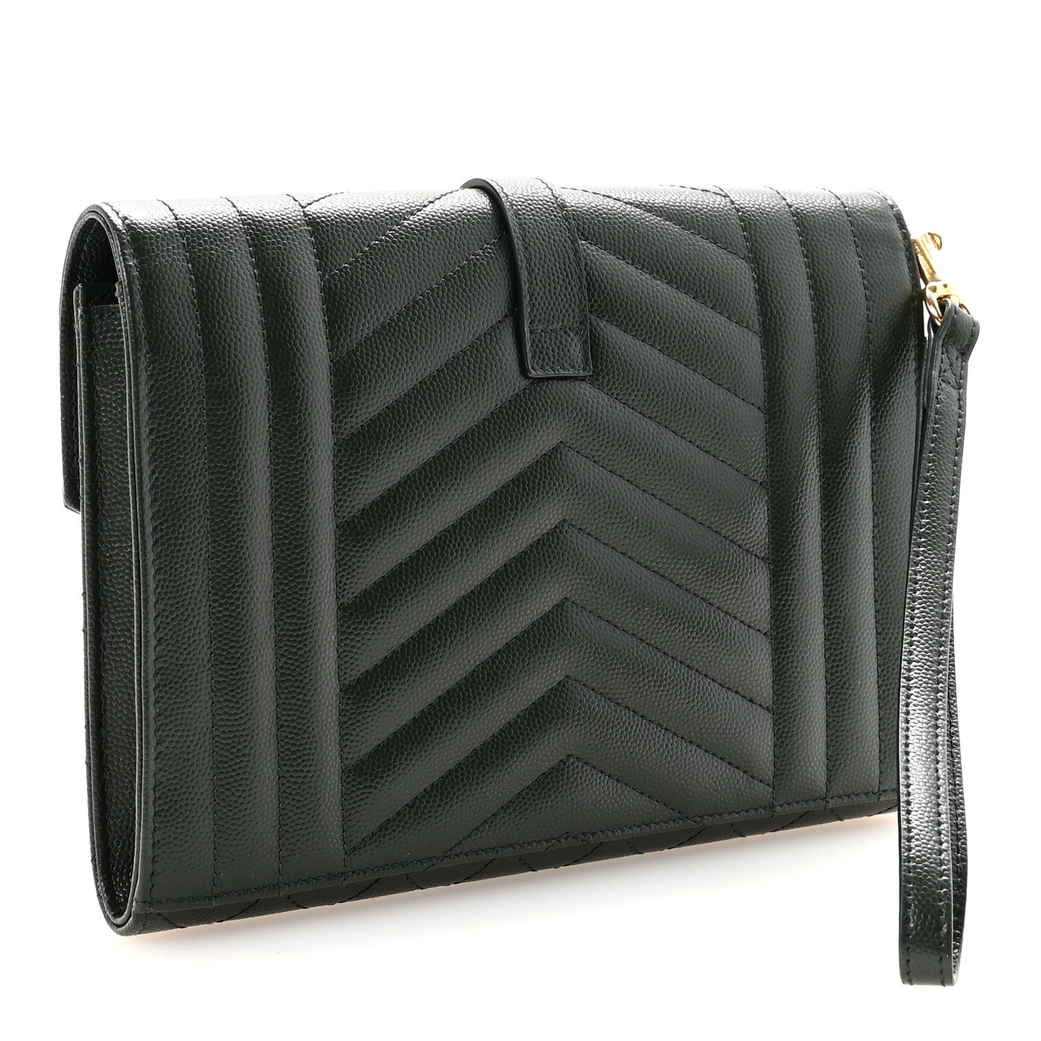 Saint Laurent Grain De Poudre Textured Mixed Matelasse Triquilt Monogram Clutch Dark Green 3 of 7