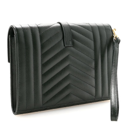 Saint Laurent Grain De Poudre Textured Mixed Matelasse Triquilt Monogram Clutch Dark Green 3 of 7