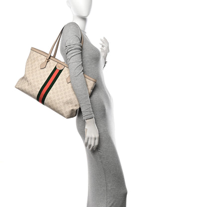 Gucci GG Supreme Monogram Textured Dollar Calfskin Web Medium Ophidia Shopping Tote Beige Mystic White Oatmeal 2 of 12