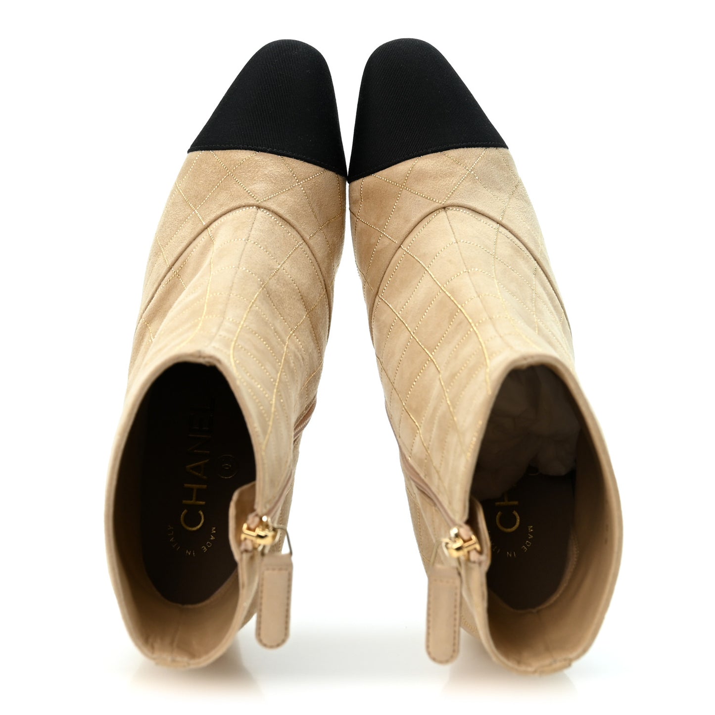 Suede Goatskin Grosgrain Quilted Cap Toe Short Boots 38 Beige Golden Black