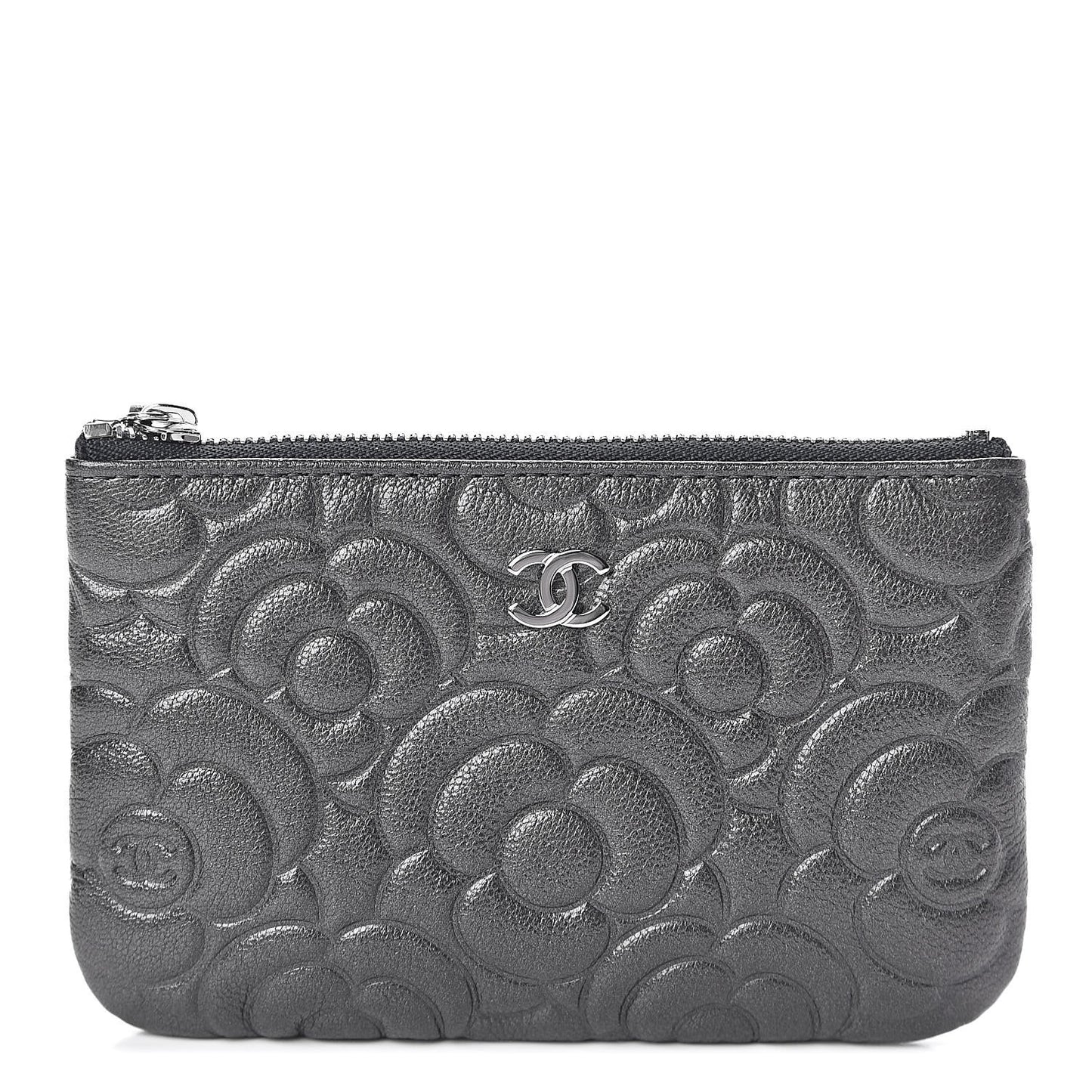 Goatskin Camellia Embossed Cosmetic Pouch Anthracite