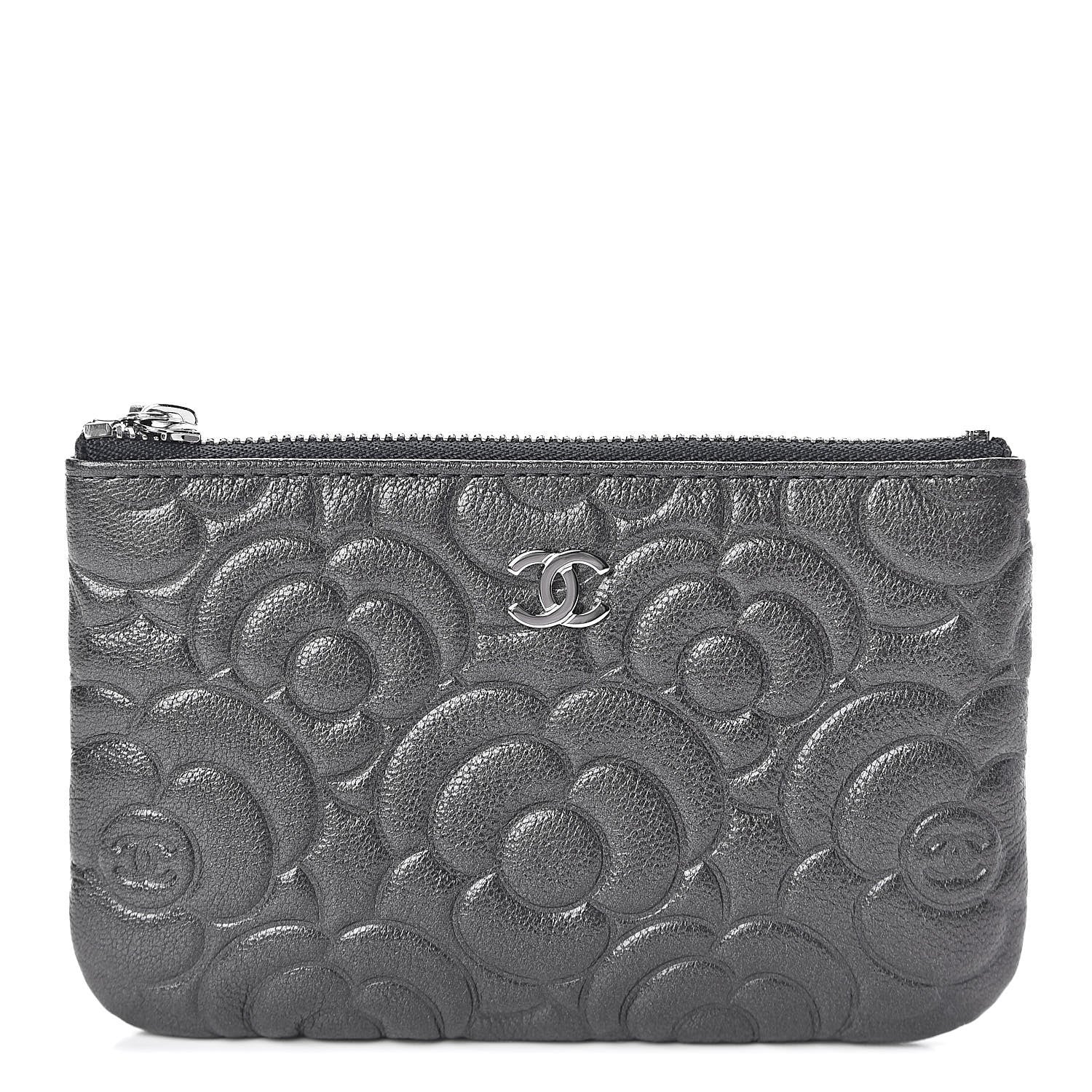 Chanel Goatskin Camellia Embossed Cosmetic Pouch Anthracite 1 of 8
