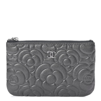 Chanel Goatskin Camellia Embossed Cosmetic Pouch Anthracite 1 of 8