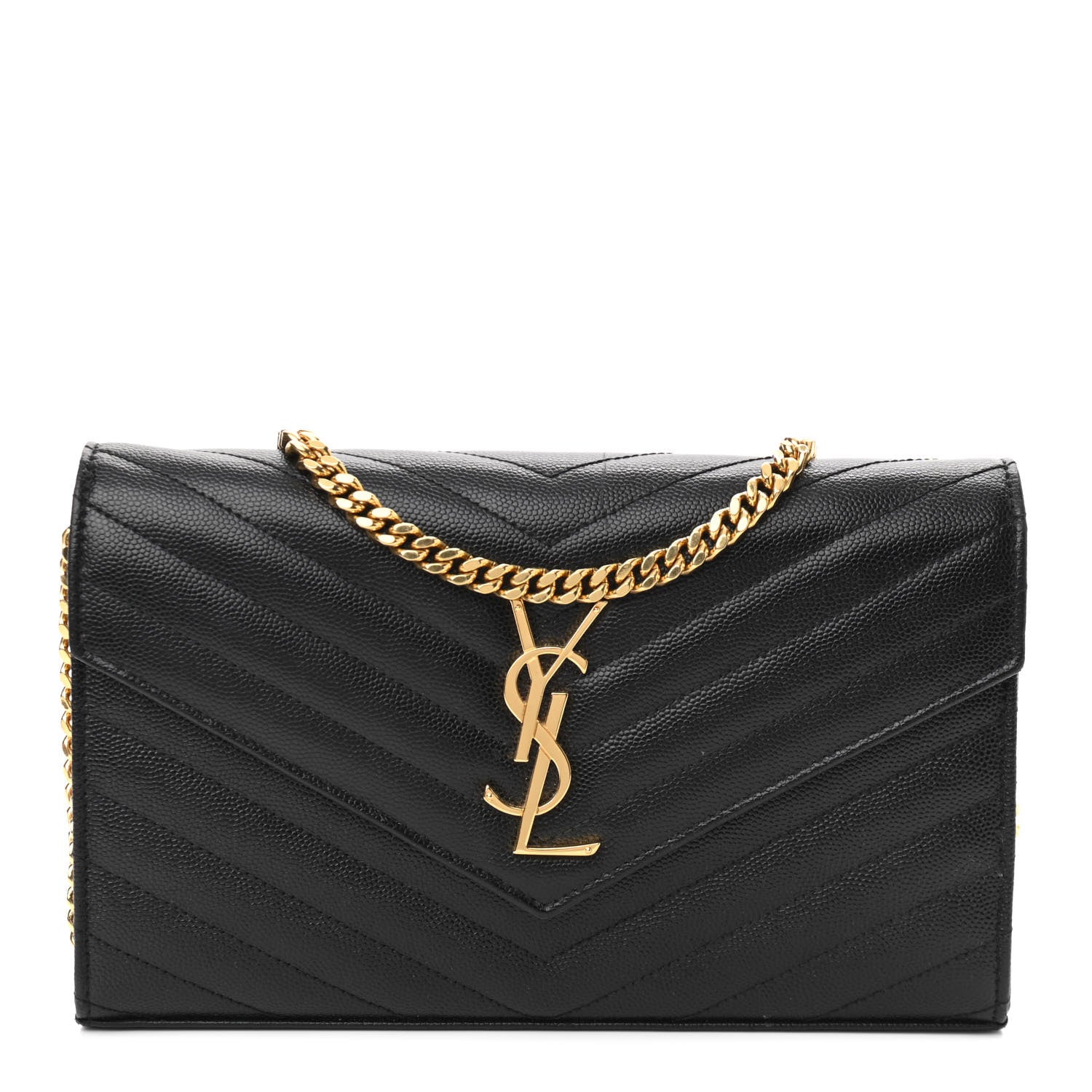 Saint Laurent Grain De Poudre Matelasse Chevron Monogram Chain Wallet Black 1 of 12