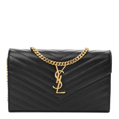 Saint Laurent Grain De Poudre Matelasse Chevron Monogram Chain Wallet Black 1 of 12