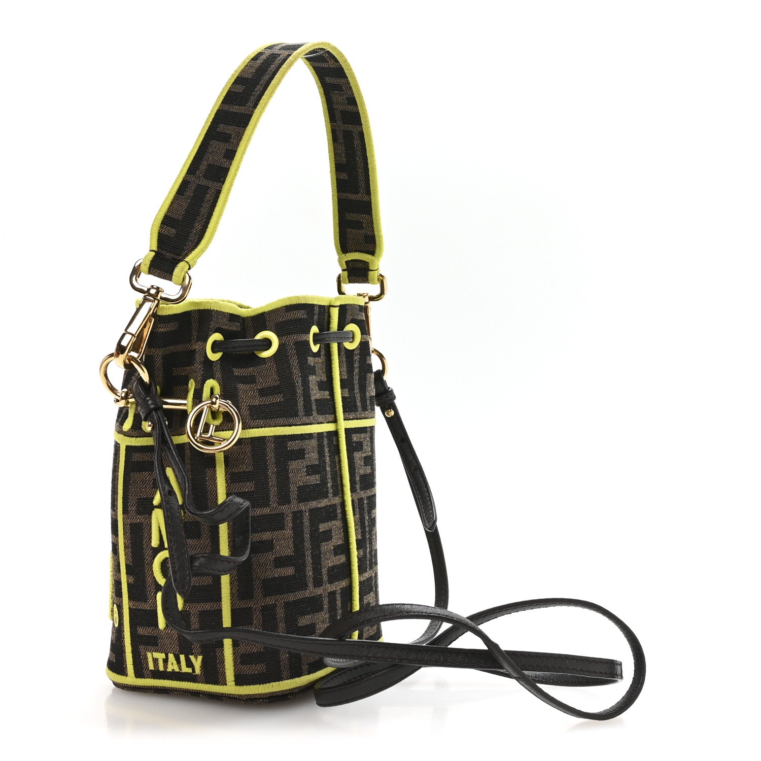 Fendi Fabric Jacquard Shiny Nappa FF 1974 Logo Threaded Edge Mini Mon Tresor Bucket Bag Tobacco Moro Giallo Fluo 3 of 9