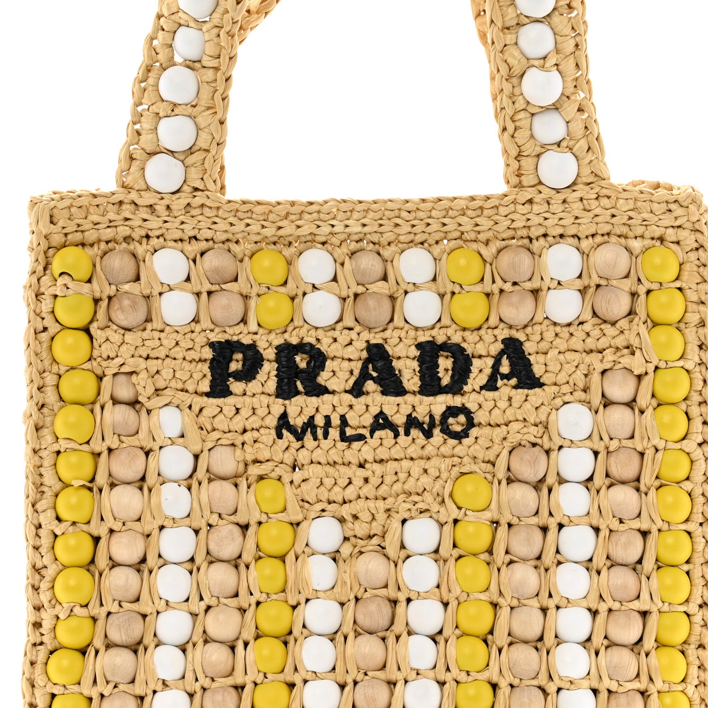 Raffia Wood Bead Embroidered Logo Tote Bag Naturale