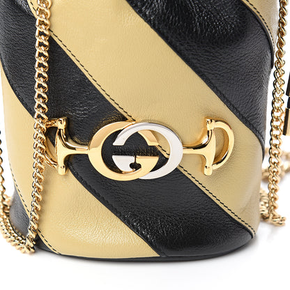 Gucci Calfskin Diagonal Striped Mini Zumi Bucket Bag Black Beige 9 of 10
