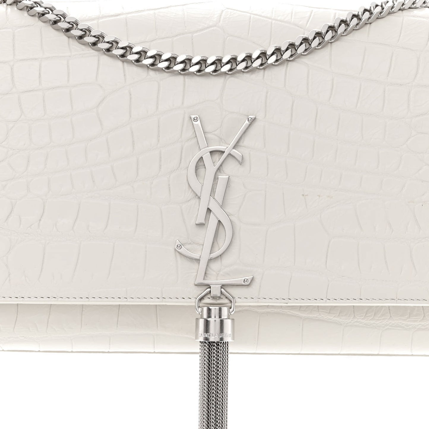 Calfskin Crocodile Embossed Medium Classic Monogram Kate Tassel Satchel Crema Soft