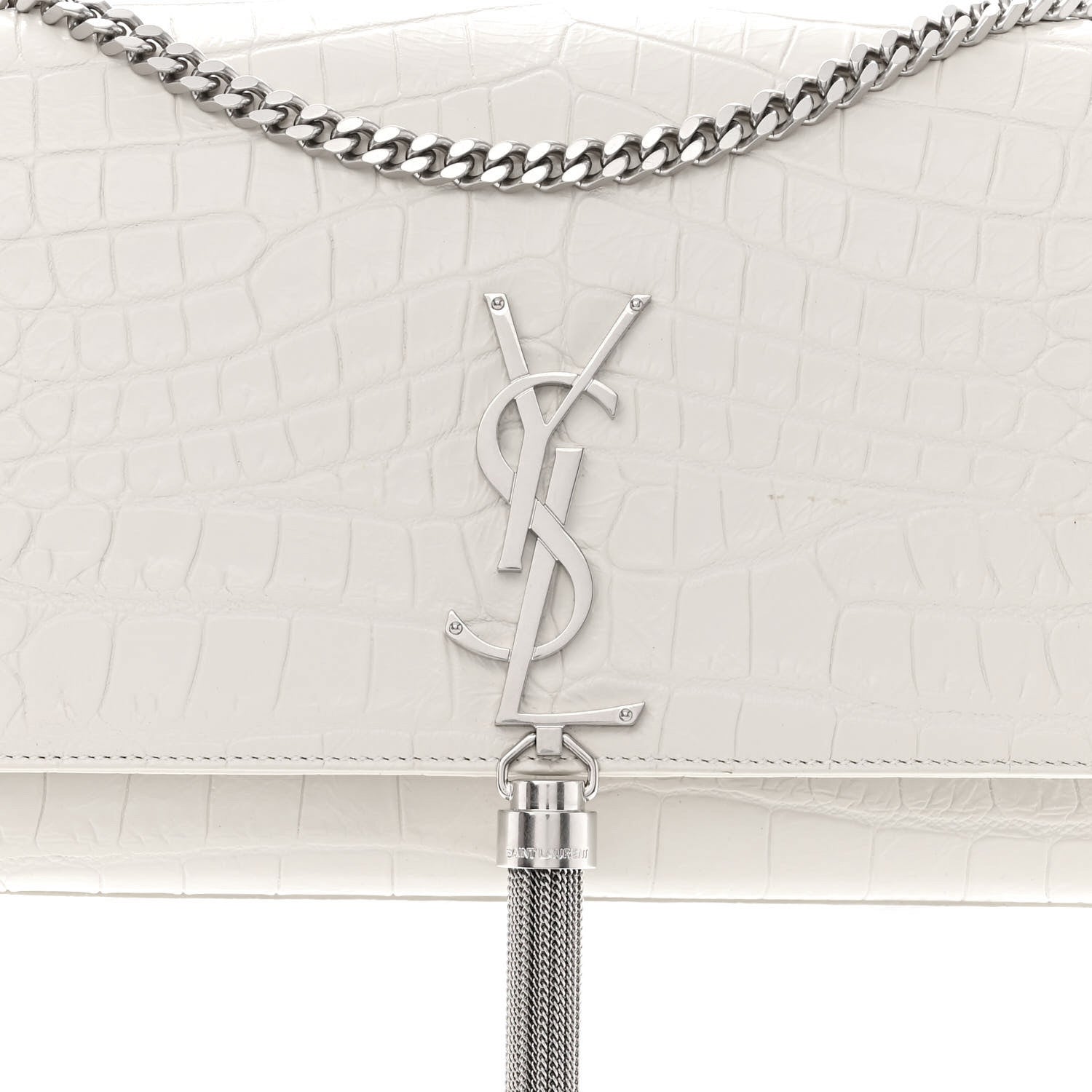 Saint Laurent Calfskin Crocodile Embossed Medium Classic Monogram Kate Tassel Satchel Crema Soft 9 of 13