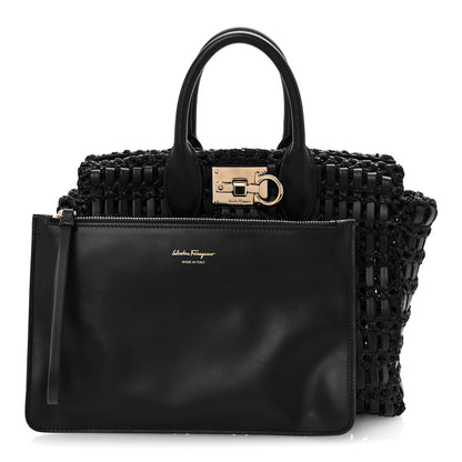 Salvatore Ferragamo Raffia Calfskin The Studio Box Tote Black 3 of 10