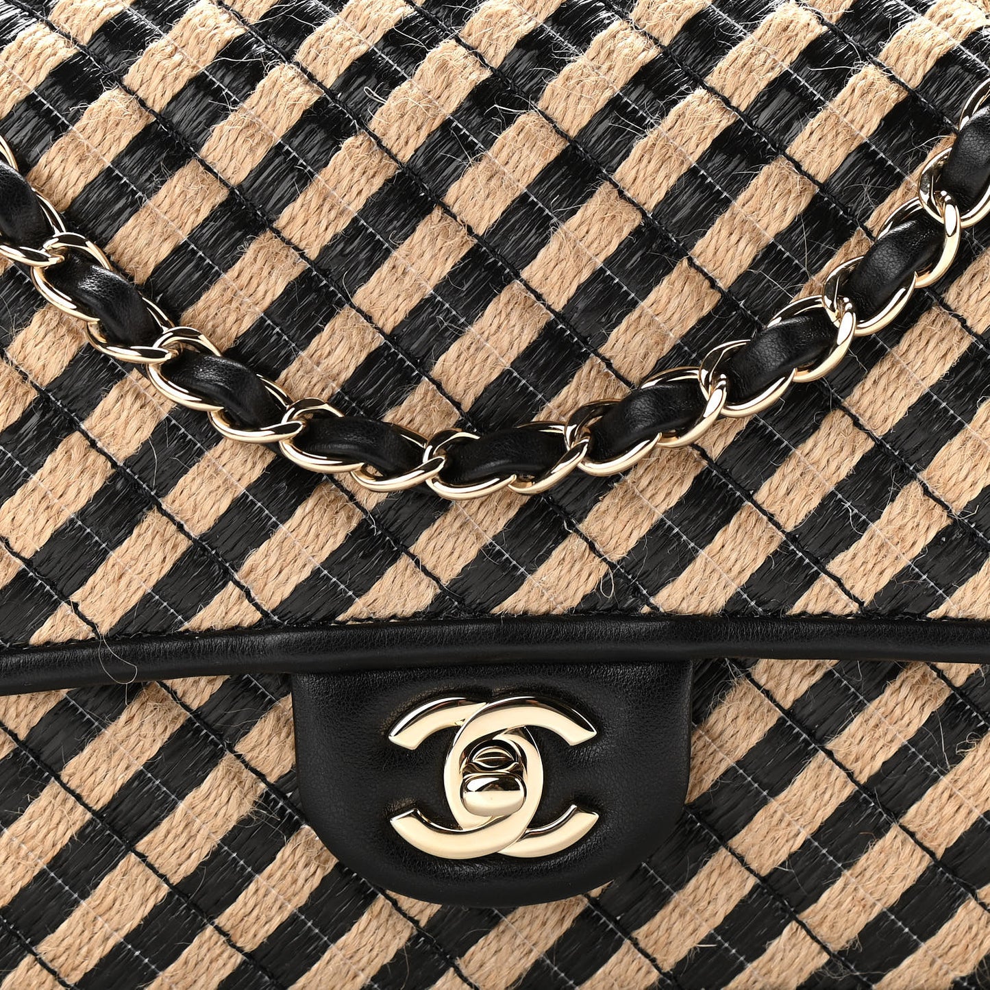 Raffia Jute Striped Medium Single Flap Black Beige