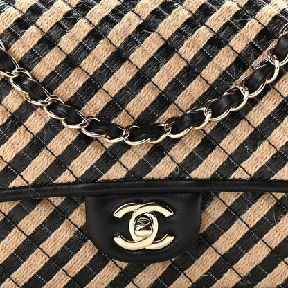 Chanel Raffia Jute Striped Medium Single Flap Black Beige 8 of 12