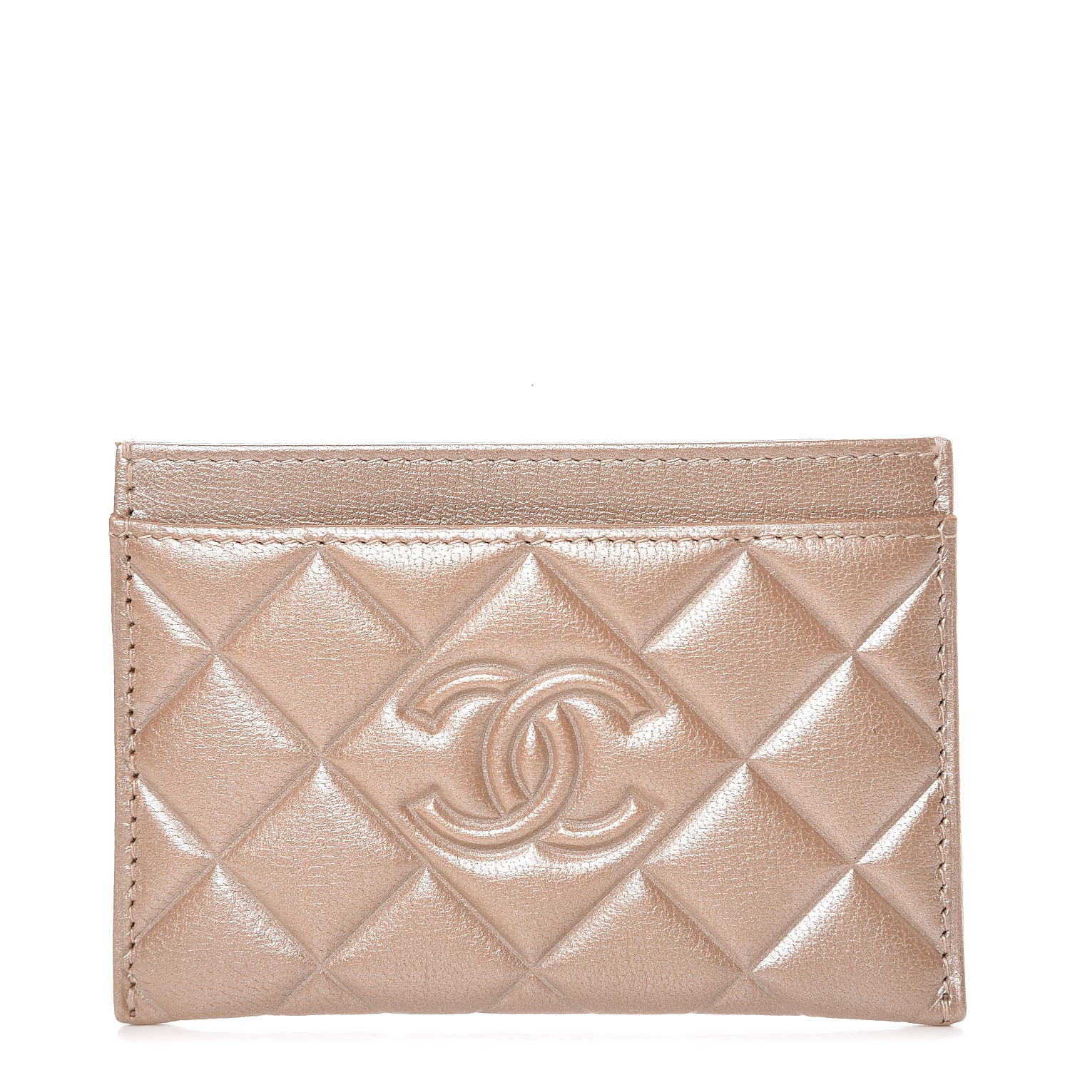 Chanel Metallic Lambskin Quilted Diamond CC Card Holder Beige 1 of 9
