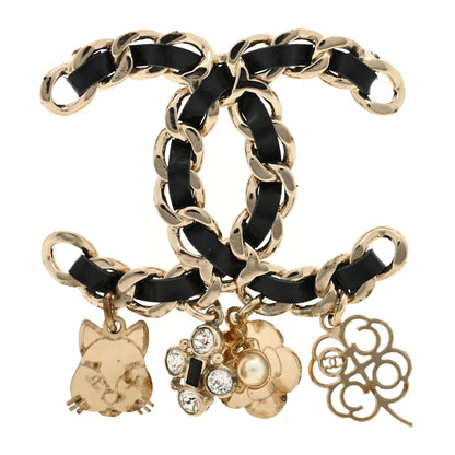 Chanel Lambskin Crystal Chain CC Charms Brooch Black Gold 1 of 5