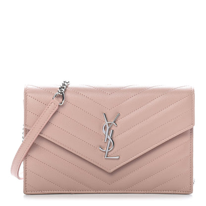Saint Laurent Grain De Poudre Matelasse Chevron Monogram Envelope Chain Wallet Pale Pink 1 of 7