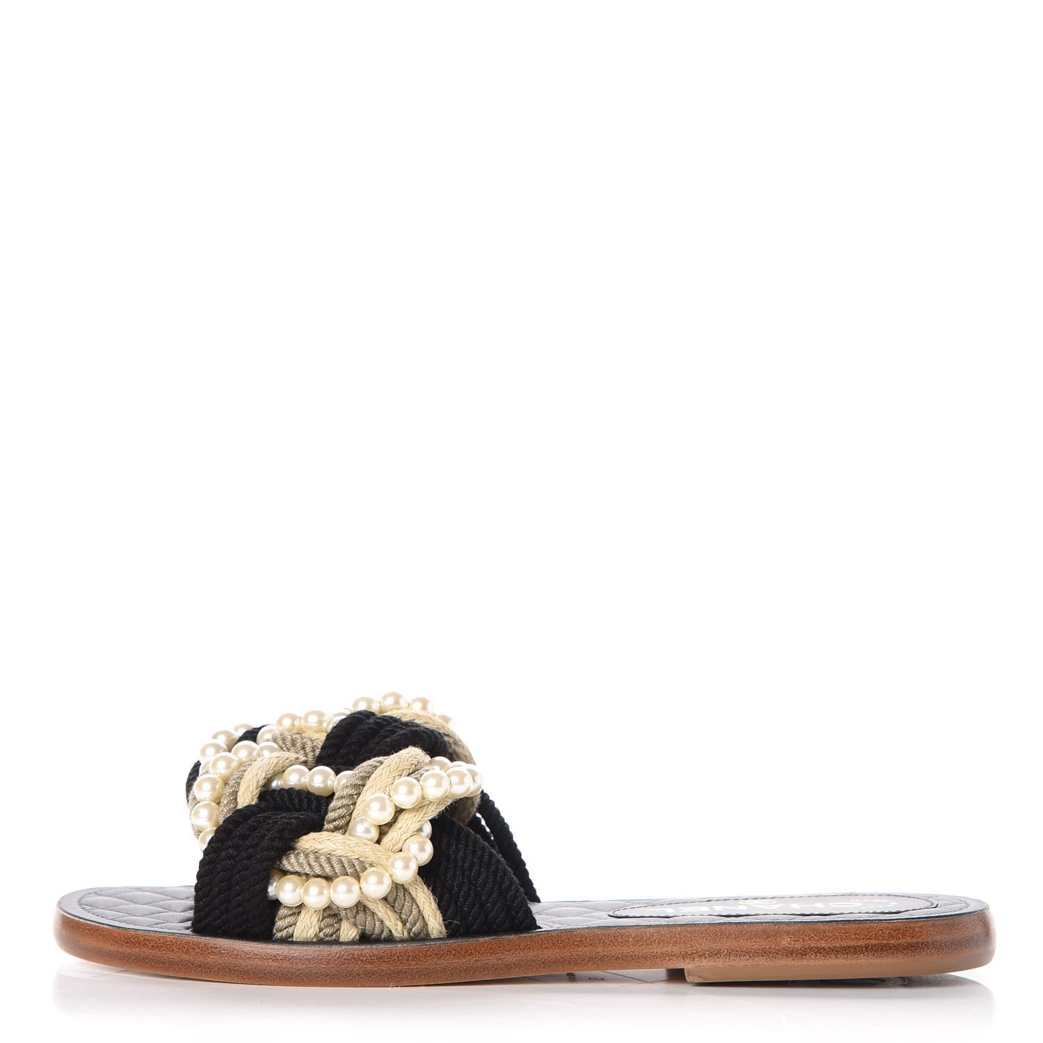 Chanel Lambskin Pearl Cord CC Mules 37 Black Beige 1 of 8