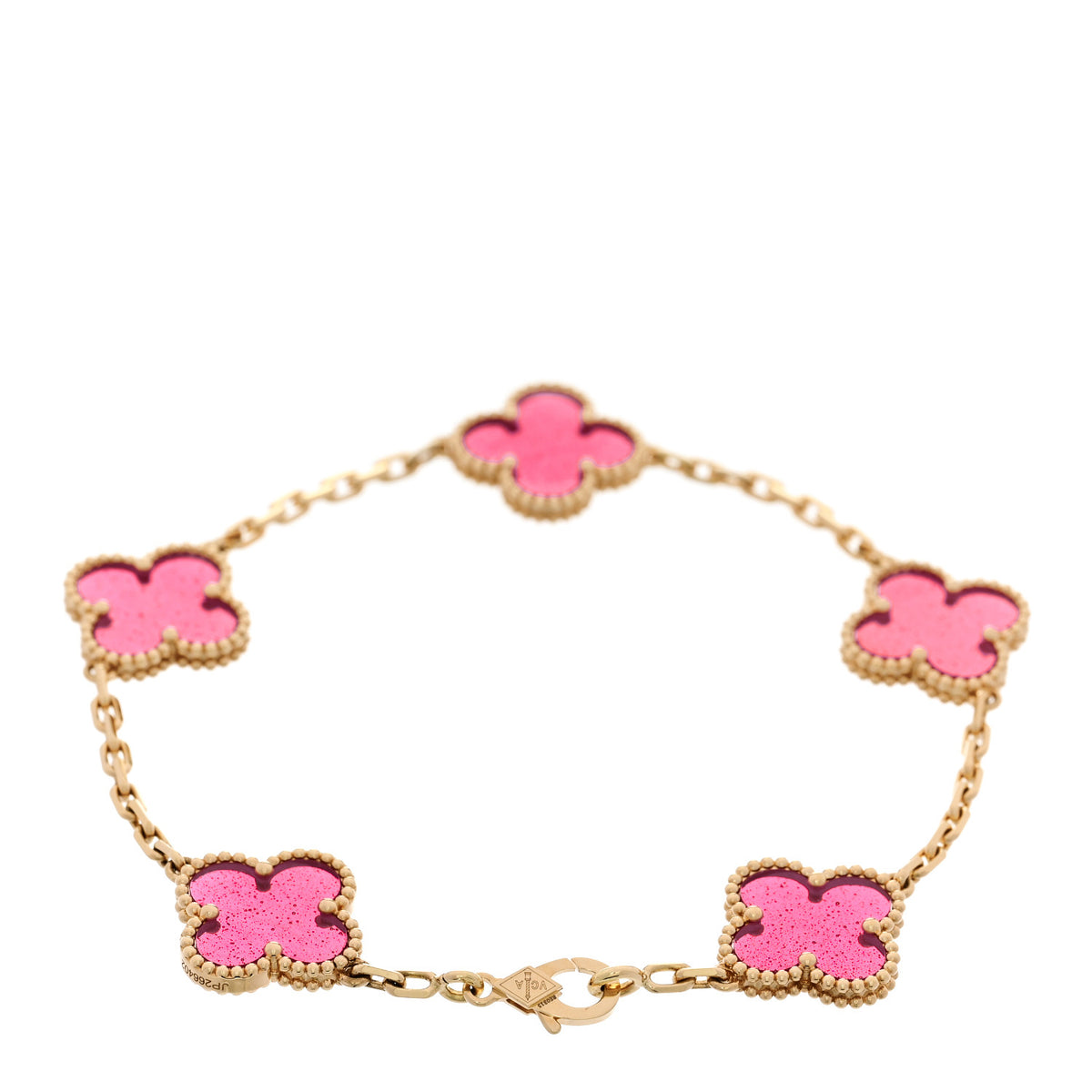 18K Yellow Gold Pink Enamel 5 Motifs Vintage Alhambra Bracelet