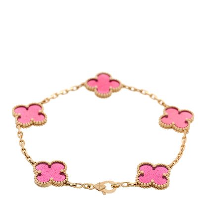 Van Cleef & Arpels 18K Yellow Gold Pink Enamel 5 Motifs Vintage Alhambra Bracelet 2 of 5