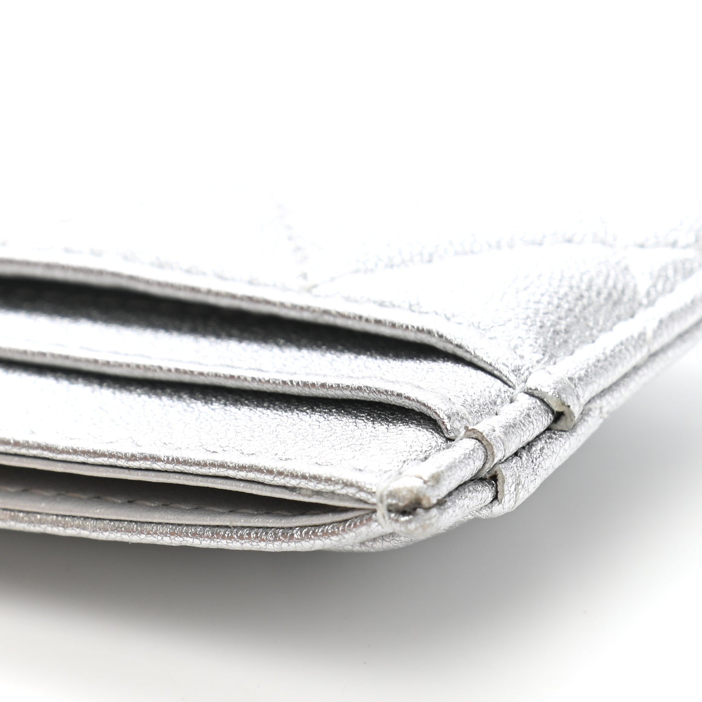 Metallic Lambskin Quilted Card Holder Silver